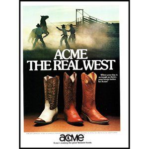 1981 Acme Boot Vintage Print Ad Cowboy Hat Western Horse Corral Wall Art Photo
